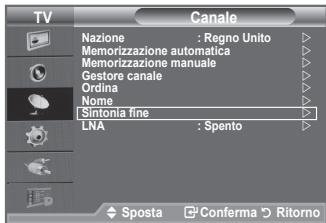 TV Canale Nazione : Regno Unito Memorizzazione automatica Memorizzazione manuale Gestore canale Ordina Nome Sintonia fine LNA : Spento Sposta Conferma Ritorno