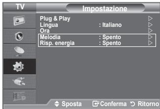 TV Impostazione Plug & Play Lingua : Italiano Ora Melodia : Spento Risp. energia : Spento Sposta Conferma Ritorno