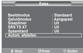 Extra Beeldmodus : Standaard Geluidmodus : Aangepast Slaaptimer : Uit SRS TS XT : Uit Spaarstand : Uit Autom. afstellen Verpl. Enter Sluiten