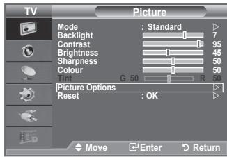 TV Picture Mode : Standard Backlight 7 Contrast 95 Brightness 45 Sharpness 50 Colour 50 G 50 R 60 Picture Options Reset : OK Move Enter Return
