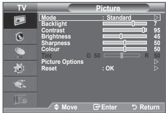TV Picture Mode : Standard Backlight 7 Contrast 95 Brightness 45 Sharpness 50 Colour 50 Tin G 50 R 50 Picture Options Reset : OK Move Enter Return