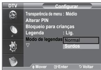 DTV Configurar Transparência de menu : Médio Alterar PIN Bloqueio para crianças Legenda : Líg. Modo de legendas Normal ▼ Surdos Mover Enter Voltar