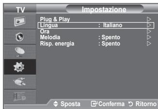 TV Impostazione Plug & Play Lingua : Italiano Ora Melodia : Spento Risp. energia : Spento Sposta Conferma Ritorno