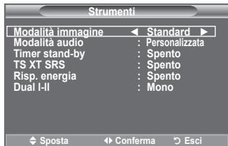 Strumenti Modalità immagine ← Standard ► Modalita audio : Personalizzata Timer stand-by : Spento TS XT SRS : Spento Risp. energia : Spento Dual I-II : Mono Sposta ◄ Conferma ○ Esci
