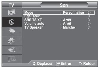 TV Son Mode : Personnalisé Egaliseur SRS TS XT : Arrêt Volume auto : Arrêt TV Speaker : Marche Déplacer Entrer Retour