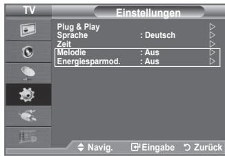 TV Einstellungen Plug & Play Sprache : Deutsch Zeit Melodie : Aus Energiesparmod. : Aus Navig. Eingabe Zurück