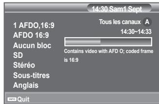 14:30 Sam1 Sept 1 AFD0,16:9 AFDO 16:9 Aucun bloc SD Stéréo Sous-titres Anglais Tous les canaux A 14:30-14:33 Contains video with AFD O; coded frame is 16:9 OK Quit