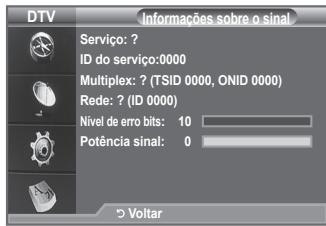 DTV Informações sobre o sinal Serviço: ? ID do serviço:0000 Multiplex: ? (TSID 0000, ONID 0000) Rede: ? (ID 0000) Nível de erro bits: 10 Potência sinal: 0 > Voltar