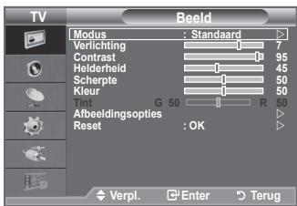 TV Beeld Modus : Standard Verlichting 7 Contrast 95 Helderheid 45 Scherpte 50 Kleur 50 Tug G 50 R Afbeldingsopties Reset :OK Verpl. Enter Terug
