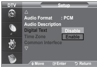 DTV Setup Audio Format : PCM Audio Description Digital Text Disable Time Zone Enable Common Interfece Move Enter Return