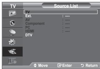TV Source List TV Ext. : .... AV : .... Component : .... PC : .... HDMI : .... DTV Move Enter Return