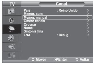 TV Canal Pais : Reino Unido Memor. auto. Memor. manual Gestor canais Organar Nome Sintonia fina LNA : Deslig. Mover Enter Voltar