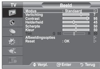 TV Modus : Standaard Verlichting 7 Contrast 95 Helderheid 45 Scherpte 50 Kleur 60 Tint G 50 R 50 Afbeeldingsopties Reset : OK Verpl. Enter Terug