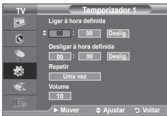 Temporizador 1 Ligar à hora definida 00 : 00 Deslig. Desligar à hora definida 00 : 00 Deslig. Repetir Uma vez Volume 10 ► Mover ◆ Ajustar ▷ Voltar
