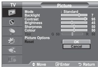 TV Picture Mode : Standard Backlight 7 Contrast 95 Brightness 45 Sharpness 50 Colour 50 Flu G 50 R 50 Picture Options Reset : OK Cancel Move Enter Return