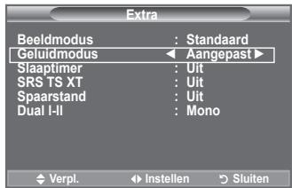 Extra Beeldmodus : Standaard Geluidmodus ← Aangepast ▶ Slaaptimer : Uit SRS TS XT : Uit Spaarstand : Uit Dual I-II : Mono Verpl. → Instellen → Sluiten