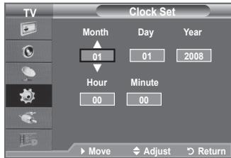 TV Clock Set Month Day Year 01 01 2008 Hour Minute 00 00 Move Adjust Return