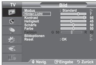 TV Bild Modus : Standard ▶ Hinter Licht 7 Kontrast 95 Helligkeit 45 Schäfe 60 Farbe 50 Faison G 50 R 50 Bildoptionen Reset : OK ▶ Navig. Eingabe Zurück