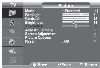 TV Picture Mode : Standard Backlight 7 Contrast 95 Brightness 45 Show press 10 Auto Adjustment Screen Adjustment Picture Options Reset : OK Move Enter Return