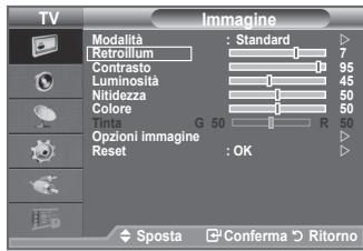 TV Imagine Modalità : Standard ▷ Retroillum 7 Contrasto 95 Luminosita 45 Nitdezza 50 Colore 60 Tinta G 50 R 50 Opzioni immagine ▷ Reset : OK ▷ Sposta Conferma Ritorno