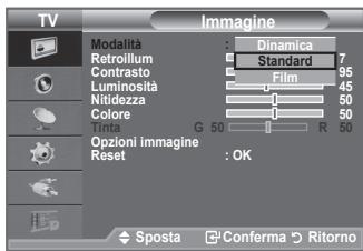 TV Imagine Modalità : Dinamica Retroillum Standard 7 Contrasto Film 95 Luminosita D 45 Nitidezza B 50 Colore B 50 Sposa G 50 R 50 Opzioni immagine : OK Reset