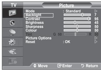 TV Picture Mode : Standard ▷ Backlight 7 Contrast 95 Brightness 45 Sharpness 50 Colour 50 Tin G 50 R 50 Picture Options :OK ▷ Reset
