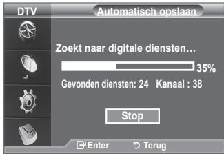 DTV Automatisch opslaan Zoekt naar digitale diensten... 35% Gevonden diensten: 24 Kanaal : 38 Stop Enter Terug