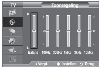 TV Toonregeling R + 0 - Balans 100Hz 300Hz 1kHz 3kHz 10kHz L - + 0 - Verpi. ◆ Instellen ▶ Terug