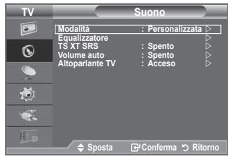 TV Modalità : Personalizzata Equalizzatore TS XT SRS : Spento Volume auto : Spento Altoparlante TV : Acceso Sposta Conferma Ritorno