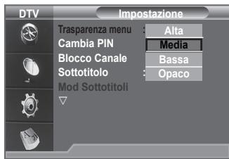 DTV Impostazione Trasparenza menu : Alta Cambia PIN : Media Blocco Canale : Bassa Sottotitolo : Opaco Mod Sottotitoli