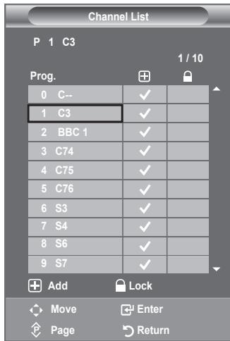 Channel List P 1 C3 1 / 10 Prog. 0 C-- 1 C3 2 BBC 1 3 C74 4 C75 5 C76 6 S3 7 S4 8 S6 9 S7 Add Lock Move Enter Page Return