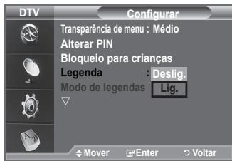DTV Configurar Transparência de menu : Médio Alterar PIN Bloqueio para crianças Legenda : Deslig. Modo de legendas Lig. Mover Enter Voltar