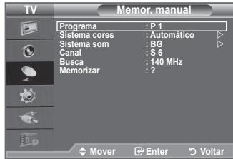 TV Memor. manual Programa : P 1 Sistema cores : Automático Sistema som : BG Canal : S 6 Busca : 140 MHz Memorizar :?