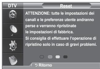 DTV Reset ATTENZIONE: tutte le impostazioni dei canali e le preferenze utente andranno perse e verranno ripristinate le impostazioni di fabbrica. Si consiglia di effettuare l'operazione di ripristino solo in caso di gravi problemi. Ritorno