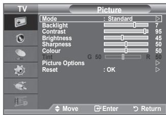 TV Picture Mode : Standard Backlight 7 Contrast 95 Brightness 45 Sharpness 50 Colour 50 G 50 R Picture Options Reset : OK Move Enter Return