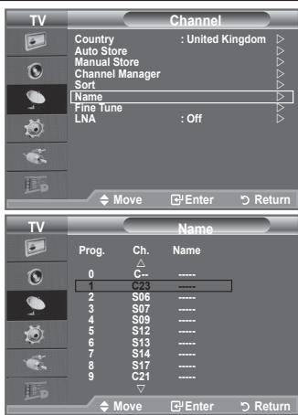 TV Channel Country : United Kingdom Auto Store Manual Store Channel Manager Sort Name Fine Tune LNA : Off Move Enter Return TV Name Prog. Ch. Name 0 C23 1 S06 2 S07 3 S09 4 S12 5 S13 6 S14 7 S17 8 C21 9 Move Enter Return