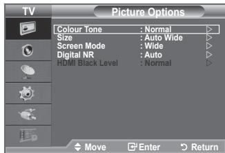 TV Picture Options Colour Tone : Normal Size : Auto Wide Screen Mode : Wide Digital NR : Auto HDMI Black Level : Normal Move Enter Return