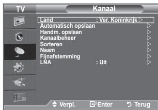 TV Kanaal Land : Ver. Koninkrijk > Automatisch opslaan Handm. opslaan Kanaalbeheer Sorteren Naam Fijnafstemming LNA : Uit Verpl. Enter Terug