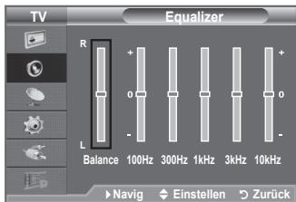 TV Equalizer R + 0 - L Balance 100Hz 300Hz 1kHz 3kHz 10kHz Navig Einstellen Zurück