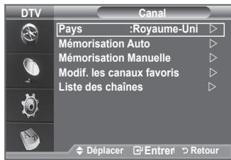 DTV Canal Pays :Royaume-Uni ▶ Mémorisation Auto ▶ Mémorisation Manuelle ▶ Modif. les canaux favoris ▶ Liste des chaînes ▶ Déplacer Entrer Retour