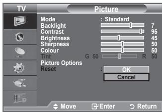 TV Picture Mode : Standard Backlight 7 Contrast 95 Brightness 45 Sharpness 50 Colour 50 G 50 R 50 Picture Options Reset : OK Cancel Move Enter Return