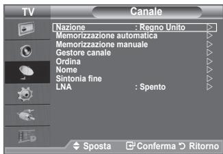 TV Canale Nazione : Regno Unito Memorizzazione automatica Memorizzazione manuale Gestore canale Ordina Nome Sintonia fine LNA : Spento Sposta Conferma Ritorno