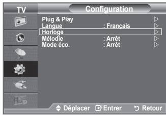 TV Configuration Plug & Play Langue : Français Horloge Mélodie : Arrêt Modé éco. : Arrêt Déplacer Entrer Retour