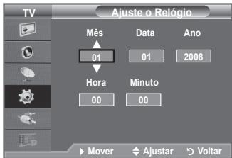 Ajuste o Relógio Mês Data Ano 01 01 2008 Hora Minuto 00 00 ► Mover Ajustar Voltar
