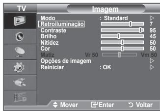 TV Imagem Modo : Standard Retroiluminação Contraste 7 Brilho 95 Nitidez 45 Cor 50 Motiz Vr 50 Vm 50 Opções de imagem Reiniciar : OK Mover Enter Voltar