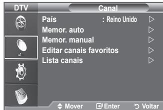 DTV Canal País : Reino Unido Memor. auto Memor. manual Editar canais favoritos Lista canais Mover Enter Voltar