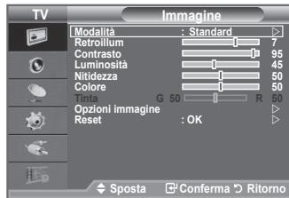 TV Imagine Modalità : Standard Retroillum 7 Contrasto 95 Luminosità 45 Nitdezza 50 Colore 50 G 50 R 50 Opzioni immagine Reset : OK Sposta Conferma Ritorno