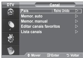 DTV Canal Pais : Reino Unido Memor. auto Memor. manual Editar canais favoritos Lista canais Mover Enter Voltar