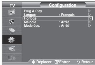 TV Configuration Plug & Play Langue : Français Horloge Mélodie : Arrêt Mode éco. : Arrêt Déplacer Entrer Retour