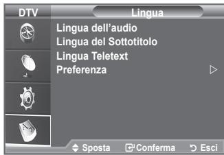 DTV Lingua Lingua dell'audio Lingua del Sottotitolo Lingua Teletext Preferenza Sposta Conferma Esci